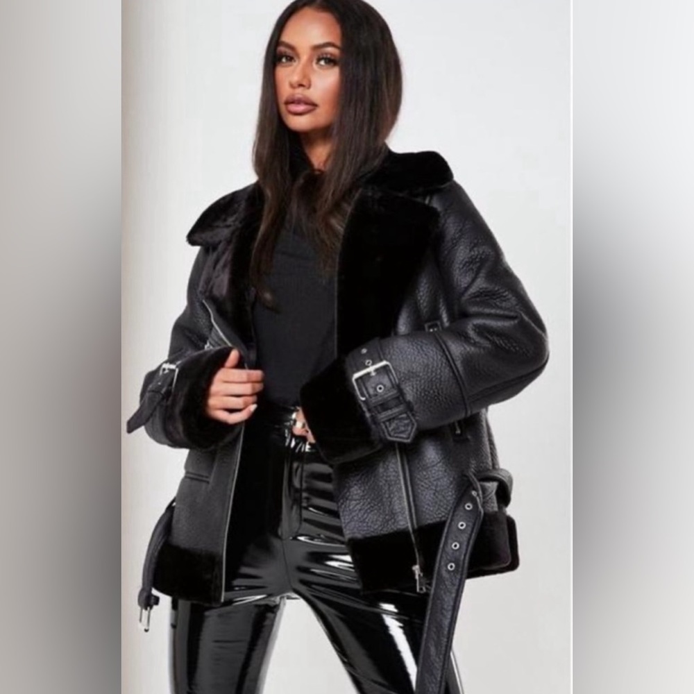 missguided premium black zip detail aviator leather jacket